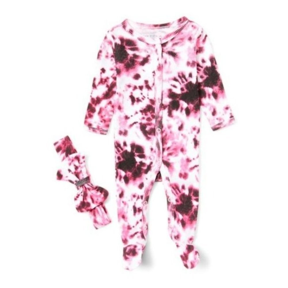 NWT Wee Play Pink & Black Tie-Dye Footie & Bow-Accent‎ Headband - Size 3-6M